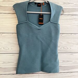 Hugo BOSS Sleeveless Fobertino Ribbed knit  Tank Top in Dusty Blue-Green L
